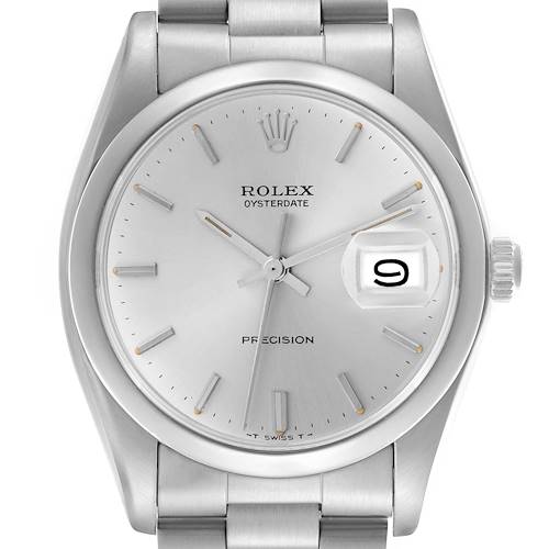 The Rolex Date 6694 Men's Stainless Steel Silver Dial 6694 Men's Stainless Steel Silver Dial model is shown from a front angle, displaying its dial, hands, date window, crown, and part of the bracelet.