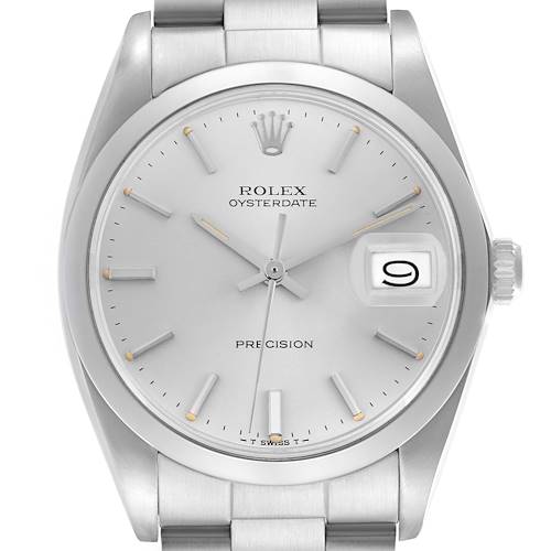 The image shows a front view of a Rolex Date 6694 Men's Stainless Steel Silver Dial 6694 Men's Stainless Steel Silver Dial watch, highlighting the dial, crown, and part of the bracelet.