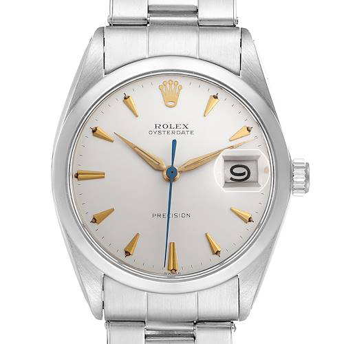 The Rolex Date 6694 Men's Stainless Steel Silver Dial 6694 Men's Stainless Steel Silver Dial model is shown from a frontal angle, displaying the dial, crown, and part of the bracelet.