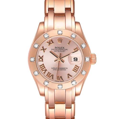 The image shows a front view of a Rolex Pearlmaster 80315 Women's Rose Gold Pink Dial 80315 Women's Rose Gold Pink Dial watch, displaying its face, bezel with diamond markers, and bracelet.