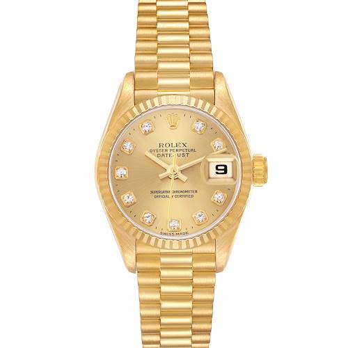 The Rolex President 69178 Women's Yellow Gold Champagne Dial 69178 Women's Yellow Gold Champagne Dial model watch is shown from a front angle, displaying its gold dial, diamond hour markers, fluted bezel, and bracelet.