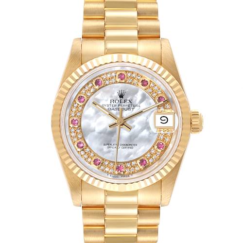 The Rolex President 68278 Women's Yellow Gold Mother of Pearl Dial 68278 Women's Yellow Gold Mother of Pearl Dial model watch is shown from the front, highlighting the face, bezel, and part of the bracelet.