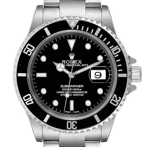 This image shows a front view of a Rolex Submariner 16610 Men's Stainless Steel Black Dial 16610 Men's Stainless Steel Black Dial watch, displaying the face, bezel, and bracelet partially.