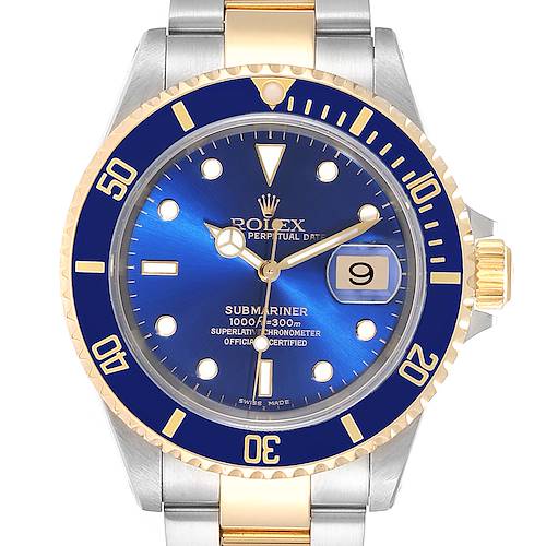 The image shows a front view of a Rolex Submariner 16613 Men's Steel and Gold (two tone) Blue Dial 16613 Men's Steel and Gold (two tone) Blue Dial watch, highlighting its blue dial, gold accents, and date window.