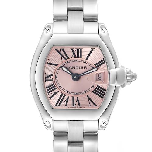 The Cartier Roadster W62017V3 Women's Stainless Steel Pink Dial W62017V3 Women's Stainless Steel Pink Dial watch is shown from the front, displaying the dial, Roman numerals, and crown with a date magnifier.