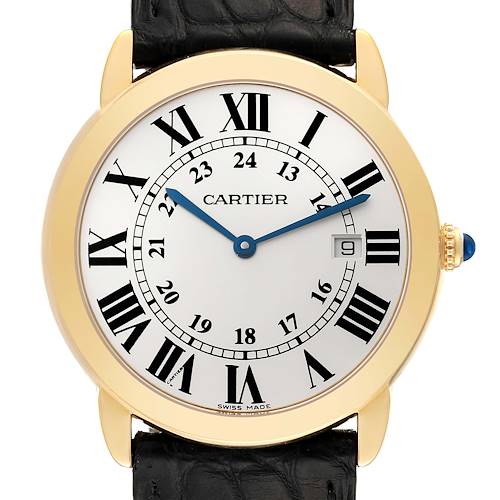 The image shows a frontal view of the Cartier Ronde W6700455 Men's Steel and Gold (two tone) Silver Dial W6700455 Men's Steel and Gold (two tone) Silver Dial model watch, highlighting its face, hands, date window, and leather strap.