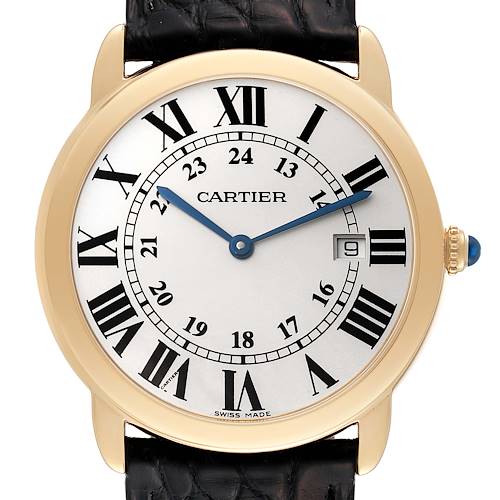 The image shows a front view of a Cartier Ronde W6700455 Men's Yellow Gold Silver Dial W6700455 Men's Yellow Gold Silver Dial watch displaying its face, hands, and a portion of the strap.