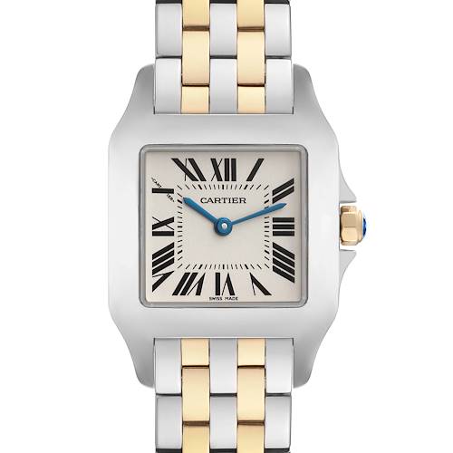 The image shows the Cartier Santos Demoiselle W25067Z6 Women's Steel and Gold (two tone) Silver Dial W25067Z6 Women's Steel and Gold (two tone) Silver Dial watch from a front angle, highlighting its face and two-tone metal band.