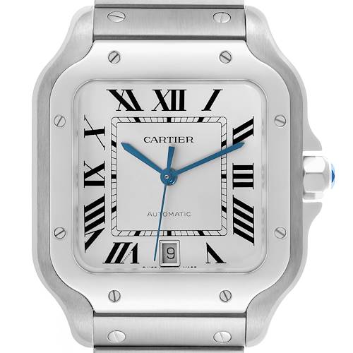 The Cartier Santos WSSA0018 Men's Stainless Steel Silver Dial WSSA0018 Men's Stainless Steel Silver Dial watch is shown from the front, displaying its face and part of the bracelet.