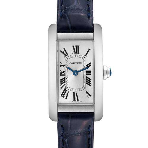 This image shows a front view of the Cartier Tank Americaine WSTA0016 Women's Stainless Steel Silver Dial WSTA0016 Women's Stainless Steel Silver Dial watch, displaying its rectangular dial and blue leather strap.