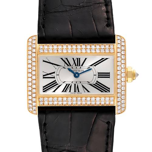 The Cartier Tank Divan WA301036 Women's Yellow Gold Silver Dial WA301036 Women's Yellow Gold Silver Dial watch is shown from a front angle, highlighting its diamond-encrusted bezel, Roman numerals, and leather strap.