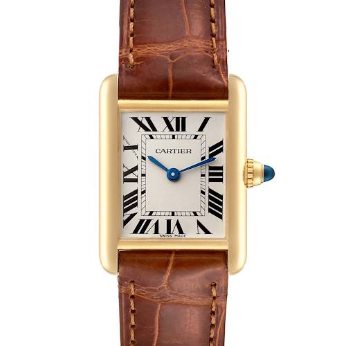 The image shows a frontal view of the Cartier Tank Louis W1529856 Women's Yellow Gold Silver Dial W1529856 Women's Yellow Gold Silver Dial watch, displaying its face, crown, and part of the leather strap.