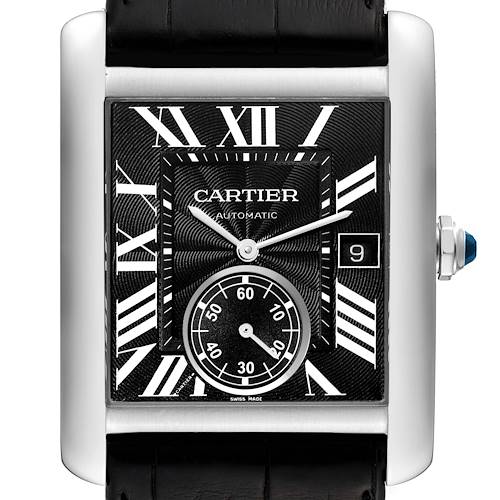 This image shows a front view of the Cartier Tank MC W5330004 Men's Stainless Steel Black Dial W5330004 Men's Stainless Steel Black Dial watch, highlighting its dial, hands, date window, and subdial.