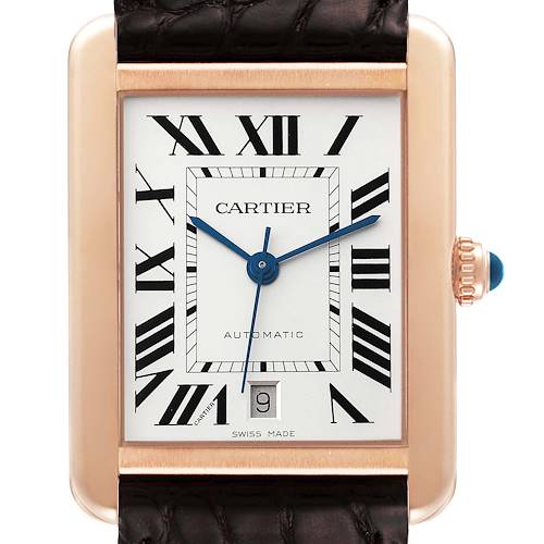 This image shows a close-up of the Cartier Tank Solo W5200026 Men's Rose Gold Silver Dial W5200026 Men's Rose Gold Silver Dial watch face, highlighting its Roman numerals, blue hands, and date window.
