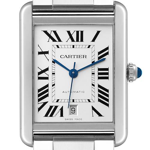 The image shows a frontal view of the Cartier Tank Solo W5200028 Men's Stainless Steel Silver Dial W5200028 Men's Stainless Steel Silver Dial watch displaying its face, Roman numerals, hands, date window, and crown with a blue cabochon.