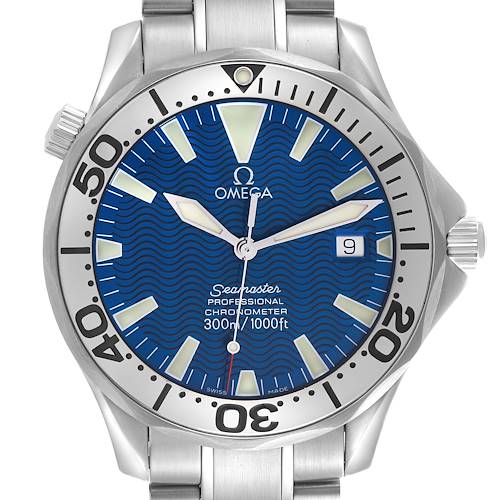 The image shows a front view of the Omega Seamaster 2255.80.00 Men's Stainless Steel Blue Dial 2255.80.00 Men's Stainless Steel Blue Dial watch, highlighting its blue dial, bezel, and stainless steel bracelet.