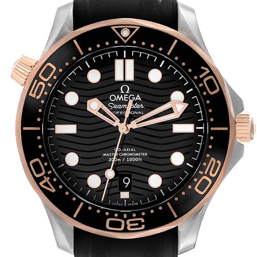 The image shows a front view of an Omega Seamaster 210.22.42.20.01.002 Men's Steel and Gold (two tone) Black Dial 210.22.42.20.01.002 Men's Steel and Gold (two tone) Black Dial watch, highlighting its bezel, dial, hands, and crown.