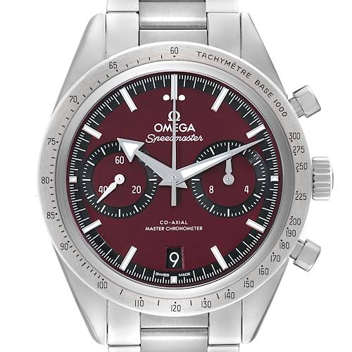 This is a front view of the Omega Speedmaster 332.10.41.51.11.001 Men's Stainless Steel Red Dial 332.10.41.51.11.001 Men's Stainless Steel Red Dial watch, showing the dial, subdials, bezel, and part of the bracelet.