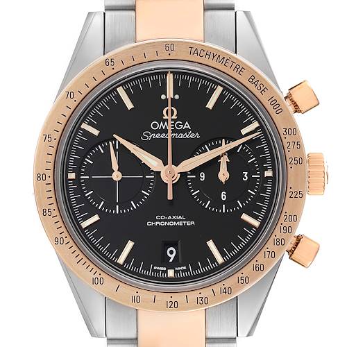 This image shows a frontal view of an Omega Speedmaster 331.20.42.51.01.002 Men's Steel and Gold (two tone) Black Dial 331.20.42.51.01.002 Men's Steel and Gold (two tone) Black Dial watch, highlighting its black dial and gold-and-steel bezel and bracelet.