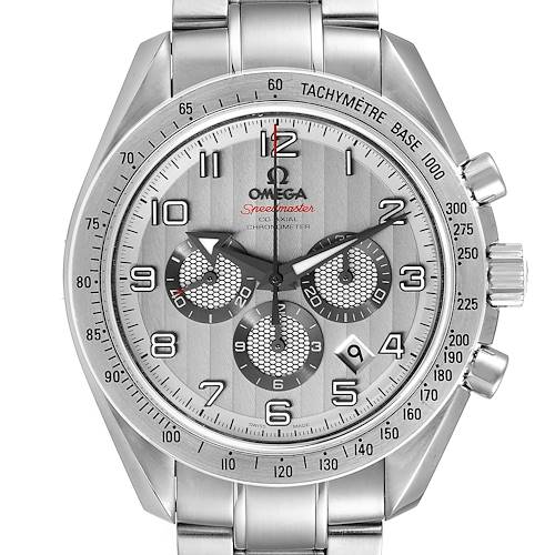 The image shows a frontal view of the Omega Speedmaster 321.10.44.50.02.001 Men's Stainless Steel Silver Dial 321.10.44.50.02.001 Men's Stainless Steel Silver Dial watch, highlighting its dial, subdials, tachymeter bezel, and metal bracelet.