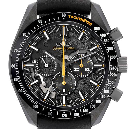 The image shows a front view of the Omega Speedmaster 311.92.44.30.01.001 Men's Ceramic Black Dial 311.92.44.30.01.001 Men's Ceramic Black Dial watch, highlighting the chronograph dials, tachymeter scale, and crown.