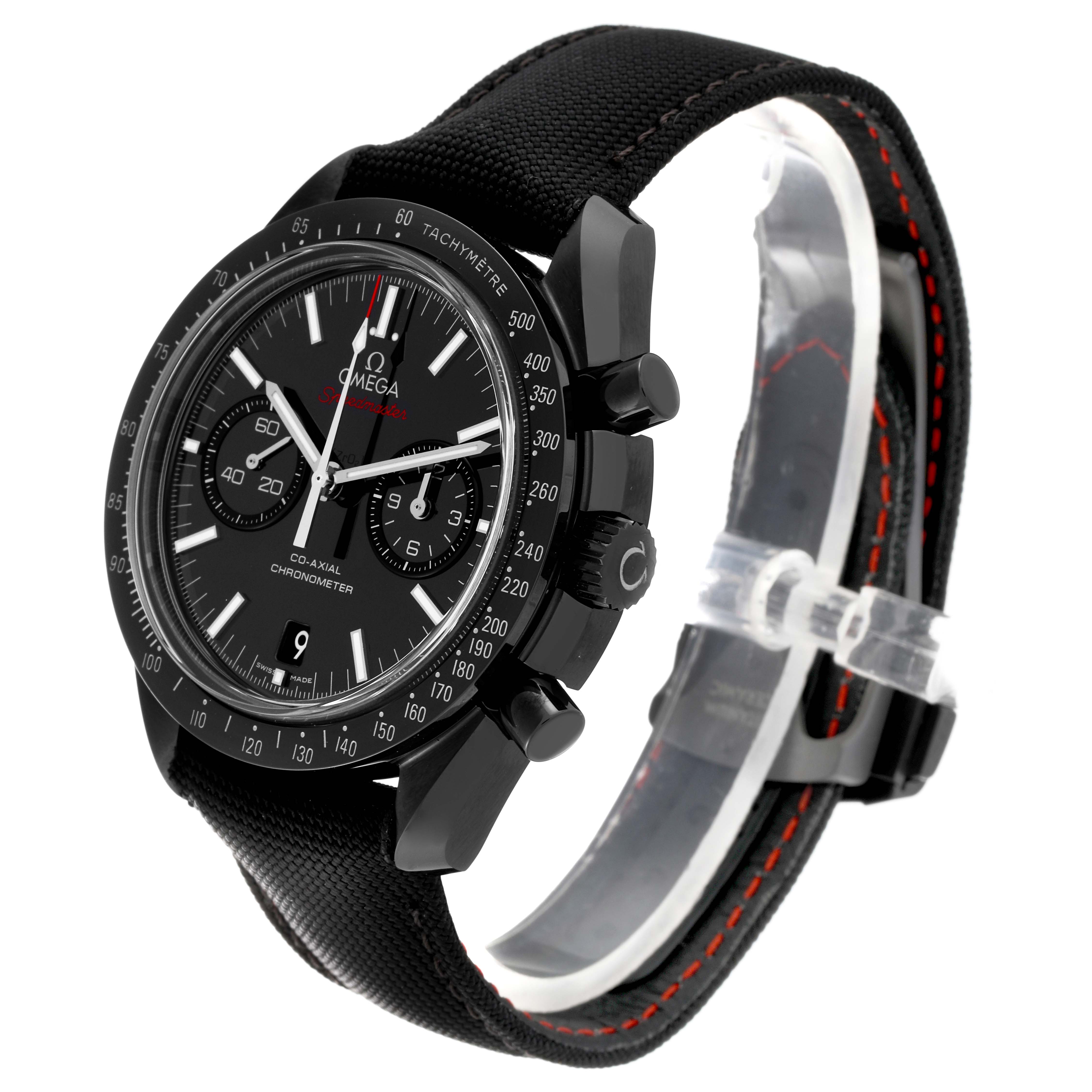 The Omega Speedmaster 311.92.44.51.01.003 Men's Ceramic Black Dial 311.92.44.51.01.003 Men's Ceramic Black Dial watch is shown at an angled side view, highlighting the face, bezel, crown, pushers, and strap.