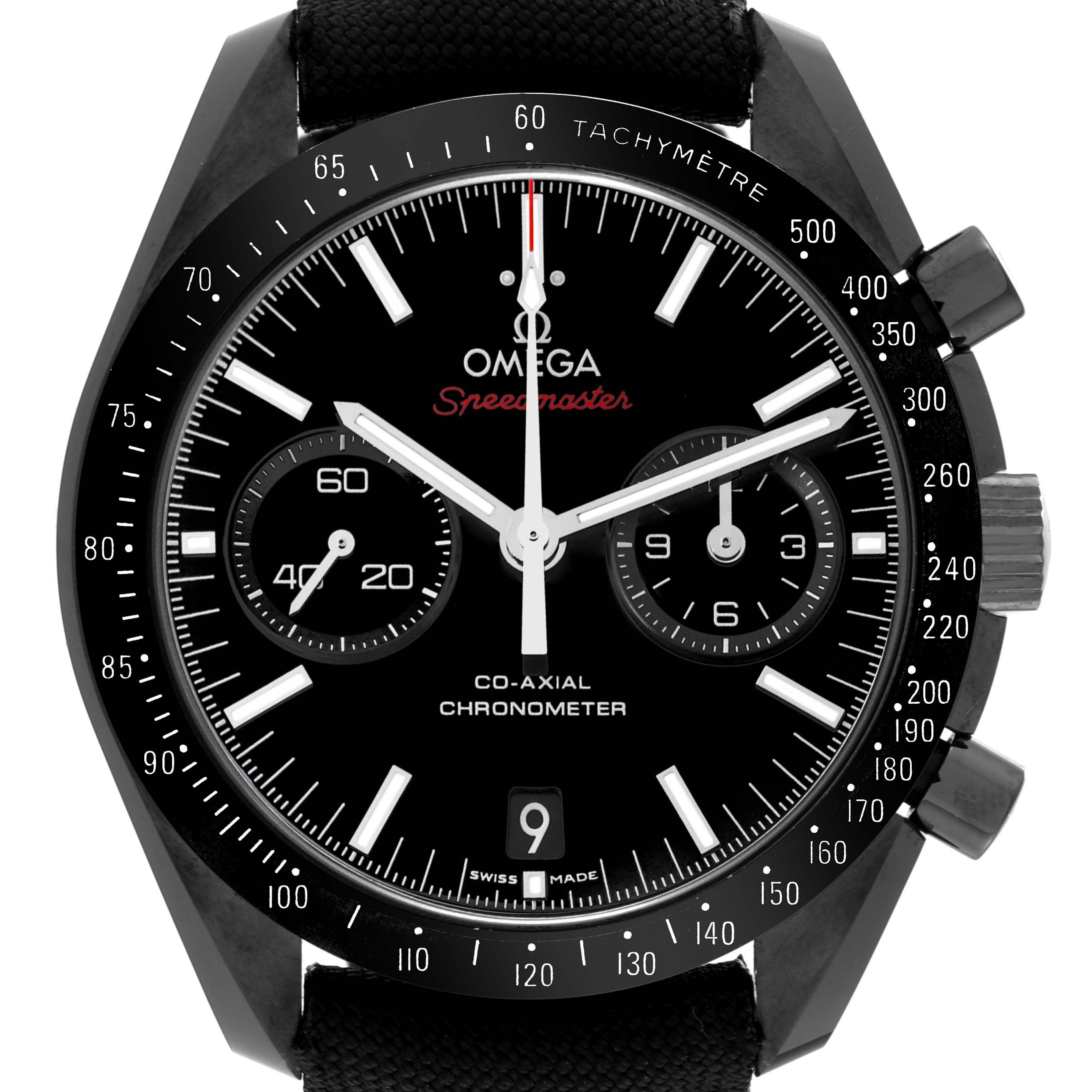 The Omega Speedmaster 311.92.44.51.01.003 Men's Ceramic Black Dial 311.92.44.51.01.003 Men's Ceramic Black Dial watch is shown from the front, displaying its dial, subdials, tachymeter bezel, and pushers.