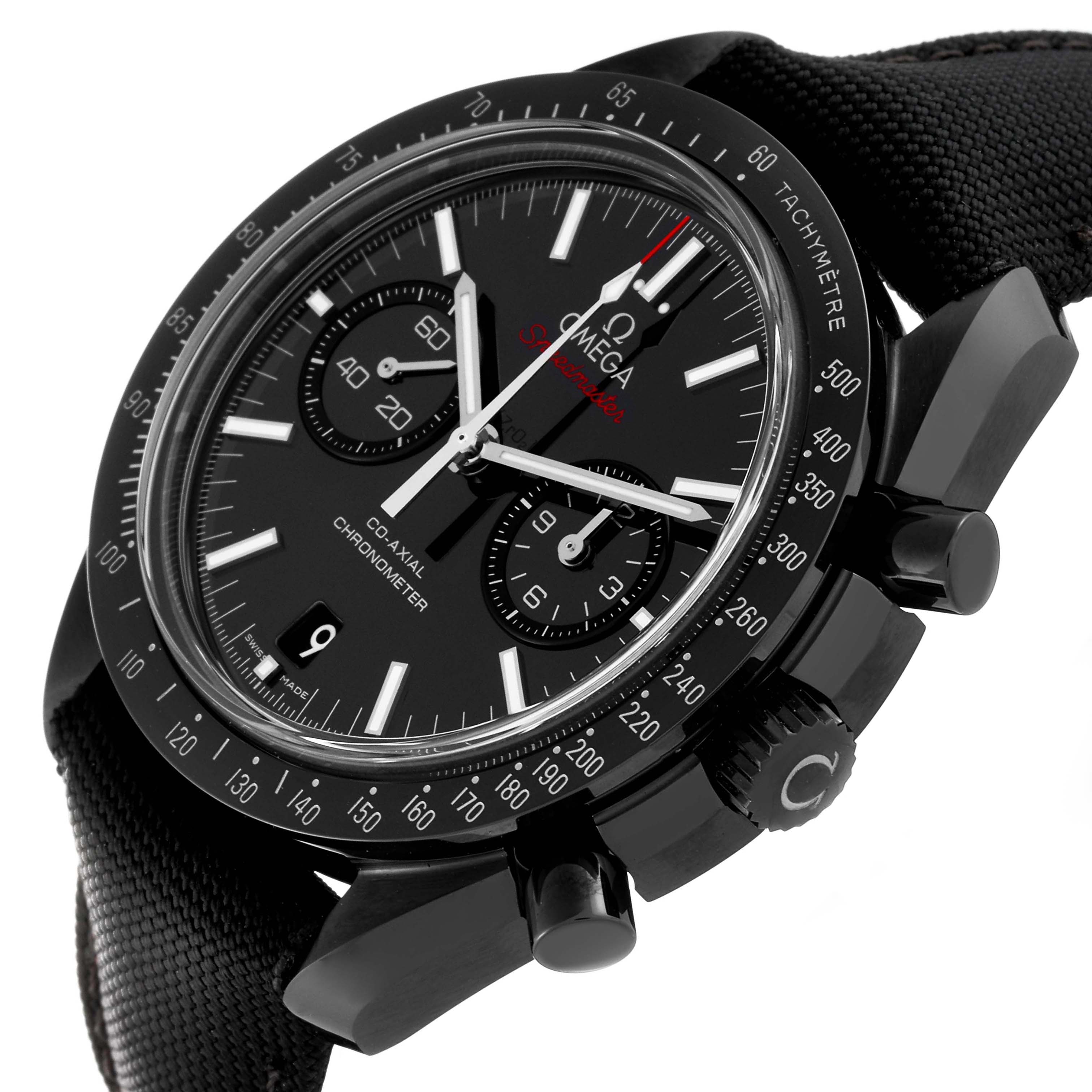 The Omega Speedmaster 311.92.44.51.01.003 Men's Ceramic Black Dial 311.92.44.51.01.003 Men's Ceramic Black Dial watch is shown from a side angle, highlighting the face, bezel, pushers, and crown.