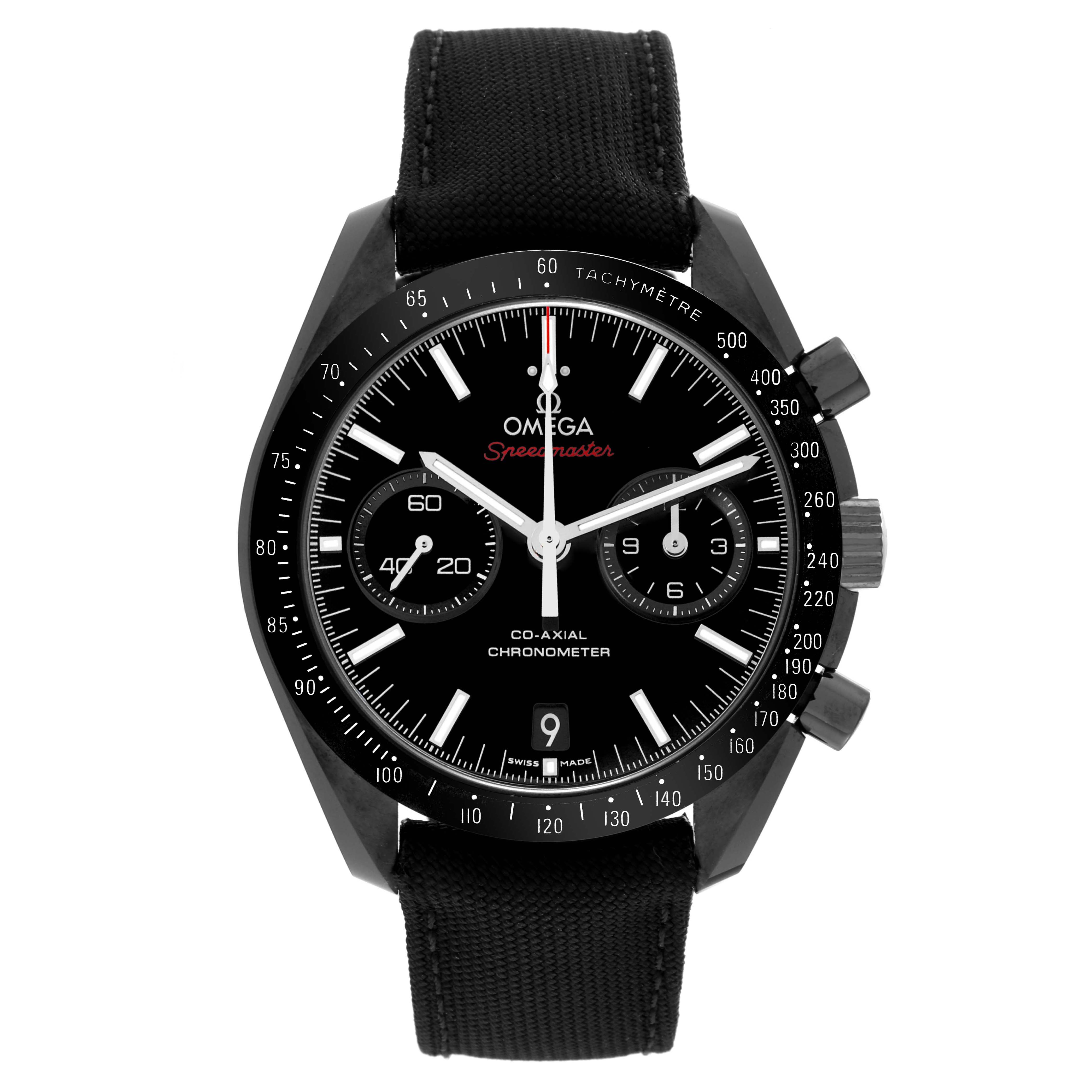 The Omega Speedmaster 311.92.44.51.01.003 Men's Ceramic Black Dial 311.92.44.51.01.003 Men's Ceramic Black Dial watch is shown from the front, displaying the dial, tachymeter bezel, and pushers.