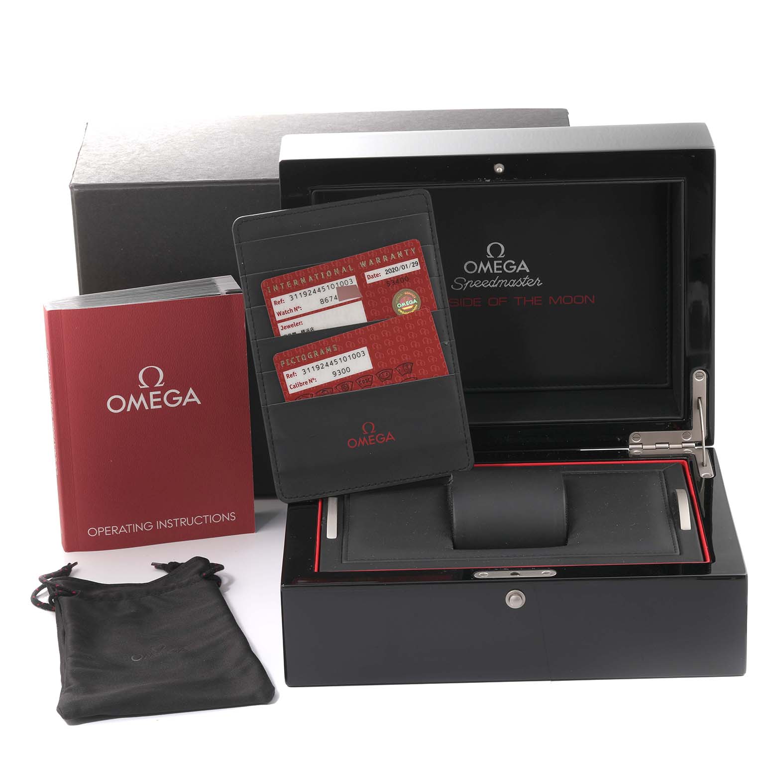 The image shows a box, manual, warranty cards, and pouch for the Omega Speedmaster 311.92.44.51.01.003 Men's Ceramic Black Dial 311.92.44.51.01.003 Men's Ceramic Black Dial watch model.