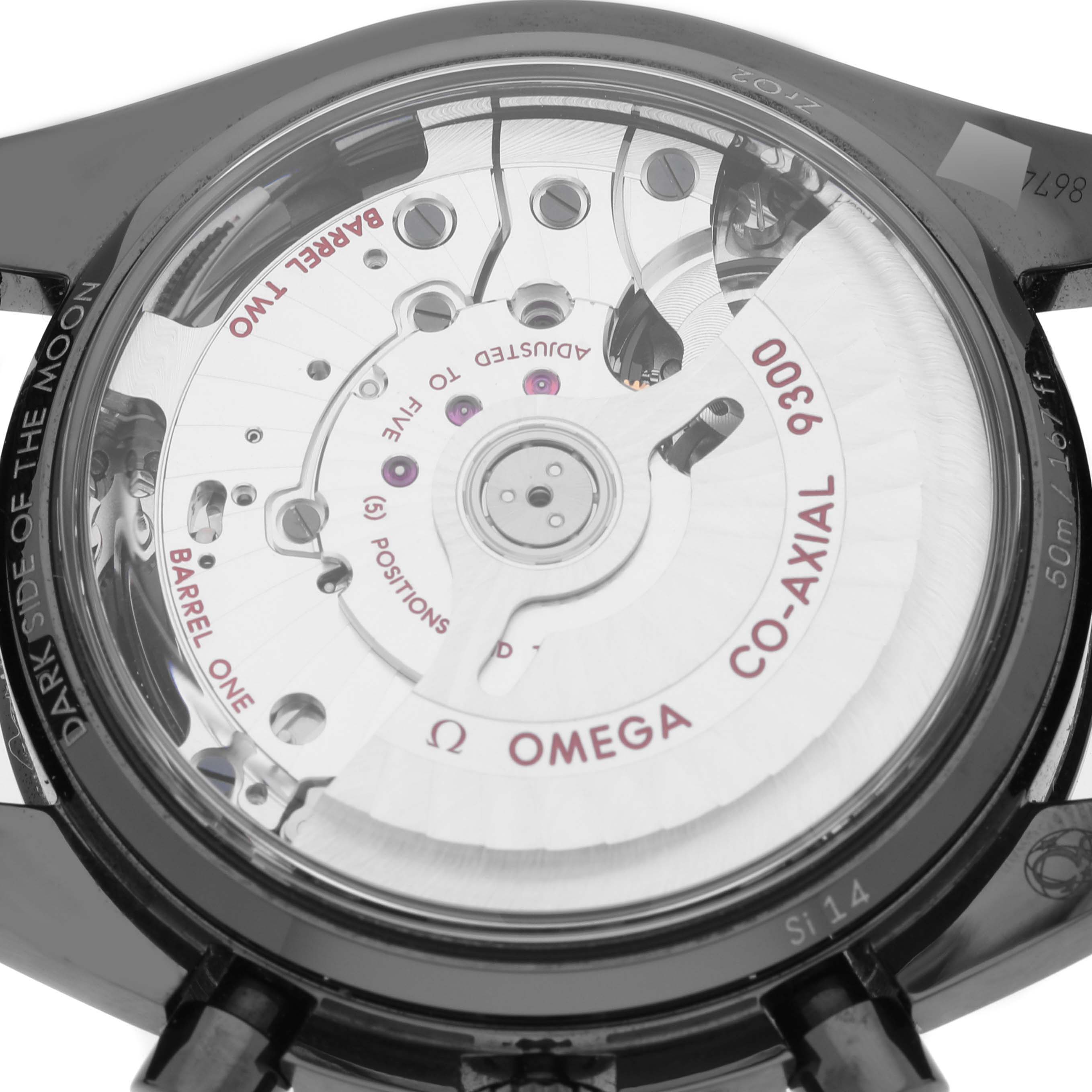 This is the back view of an Omega Speedmaster 311.92.44.51.01.003 Men's Ceramic Black Dial 311.92.44.51.01.003 Men's Ceramic Black Dial watch showing the internal mechanism and inscriptions.