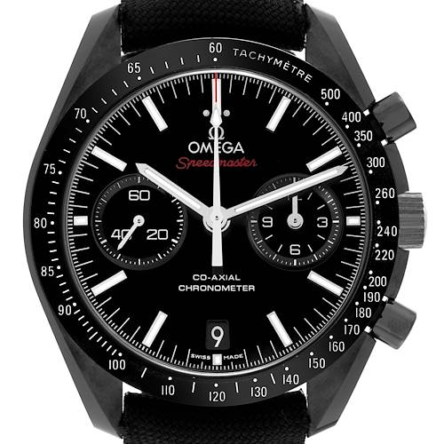 The Omega Speedmaster 311.92.44.51.01.003 Men's Ceramic Black Dial 311.92.44.51.01.003 Men's Ceramic Black Dial watch is shown from the front, highlighting the face, dials, bezel, and pushers.