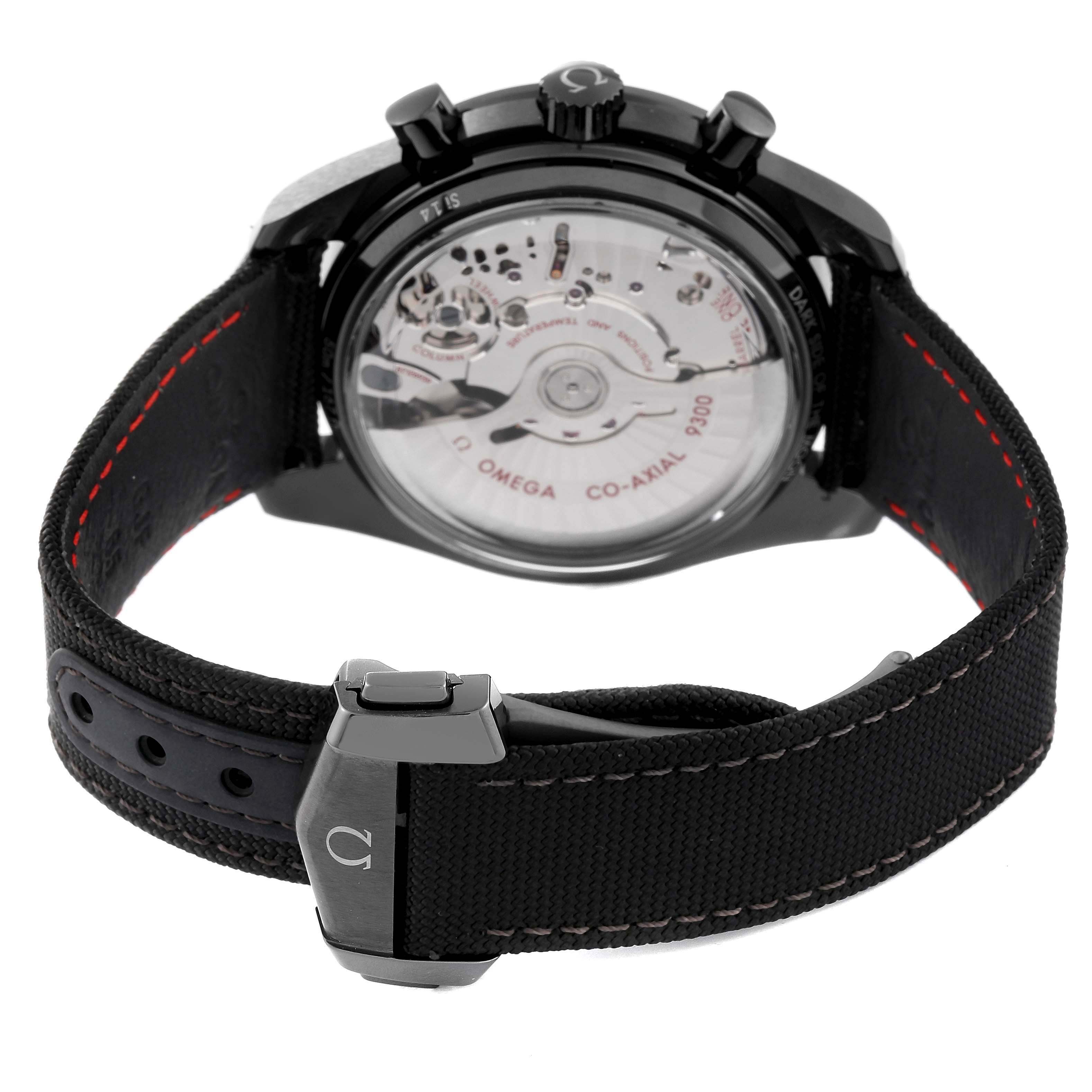 The Omega Speedmaster 311.92.44.51.01.003 Men's Ceramic Black Dial 311.92.44.51.01.003 Men's Ceramic Black Dial is shown from the back, highlighting the movement and showcasing the black strap and clasp.