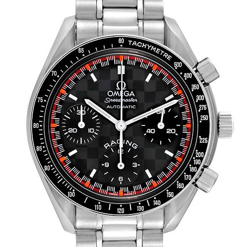 The image shows a front view of the Omega Speedmaster 3518.50.00 Men's Stainless Steel Black Dial 3518.50.00 Men's Stainless Steel Black Dial Racing watch, highlighting the dial, bezel, pushers, and bracelet.