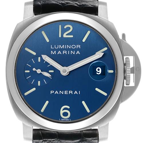 The Panerai Luminor PAM00119 Men's Stainless Steel Blue Dial PAM00119 Men's Stainless Steel Blue Dial watch is shown from the front, displaying the dial, hands, crown guard, and date window.