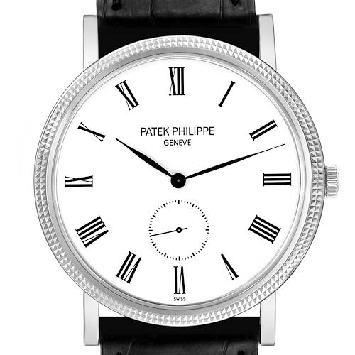 The Patek Philippe Calatrava 5119G-001 Men's White Gold White Dial 5119G-001 Men's White Gold White Dial watch is shown from a front angle, emphasizing its dial, hands, bezel, and leather strap attachment points.