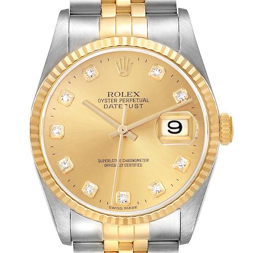 The Rolex Datejust 16233 Men's Steel and Gold (two tone) Champagne Dial 16233 Men's Steel and Gold (two tone) Champagne Dial watch is shown from the front, highlighting its gold dial, diamond hour markers, and two-tone bracelet.