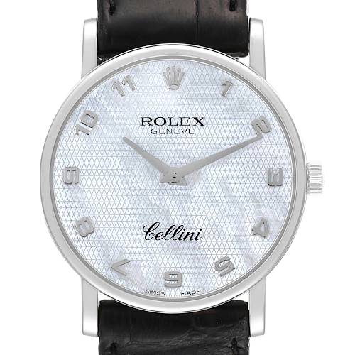 The Rolex Cellini 5115 Men's Stainless Steel Mother of Pearl Dial 5115 Men's Stainless Steel Mother of Pearl Dial watch is shown from a front angle, displaying the dial, hands, and part of the leather strap.