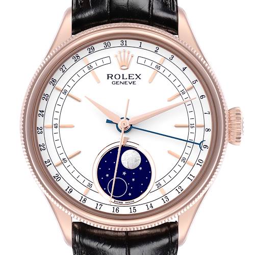 The Rolex Cellini 50535 Men's Rose Gold White Dial 50535 Men's Rose Gold White Dial watch is shown from a front angle, displaying its dial, crown, hands, and moonphase feature.