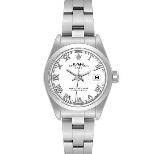 The image shows the front view of a Rolex Date 79160 Women's Stainless Steel White Dial 79160 Women's Stainless Steel White Dial model watch, displaying the dial, hands, and bracelet.