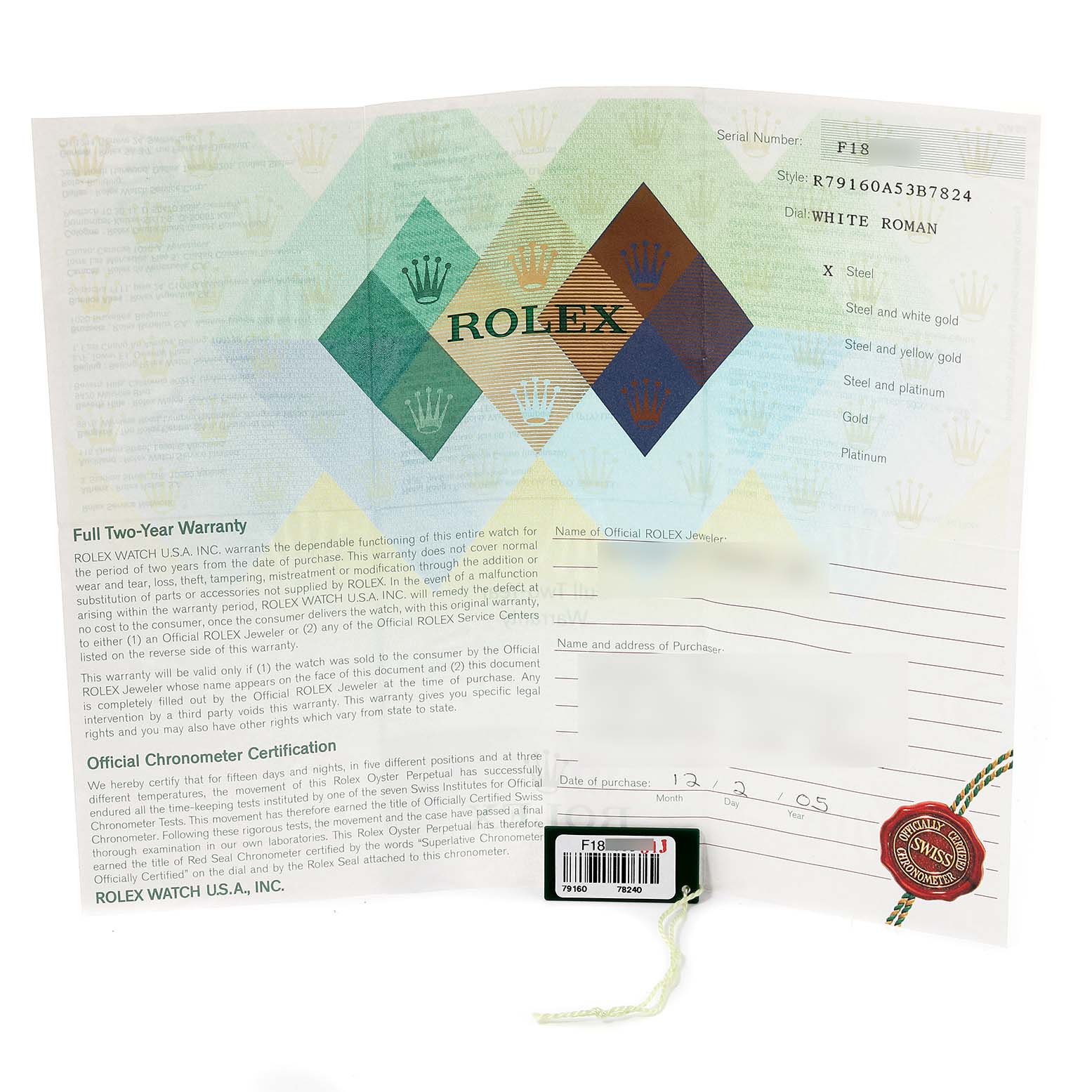 Image shows a warranty certificate and tag for a Rolex Date 79160 Women's Stainless Steel White Dial 79160 Women's Stainless Steel White Dial model watch, displaying details like serial number and purchase date.