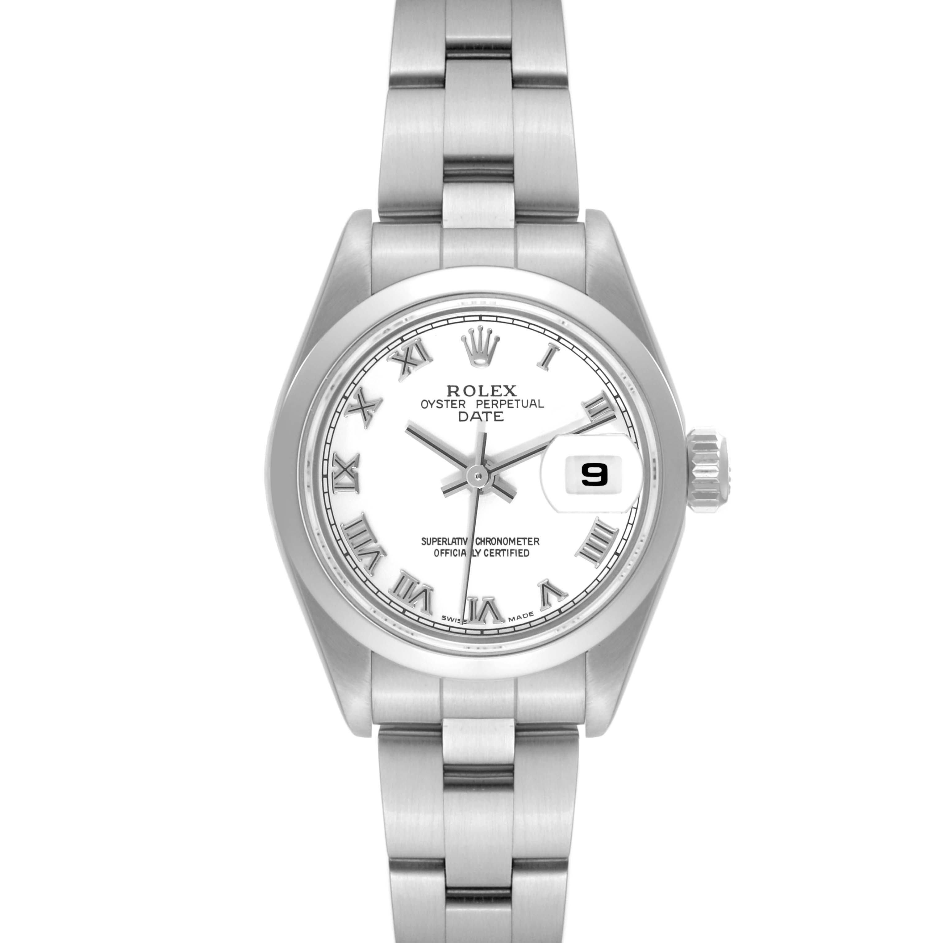 The image shows a front view of a Rolex Date 79160 Women's Stainless Steel White Dial 79160 Women's Stainless Steel White Dial model watch, displaying the face, dial, date window, and bracelet.