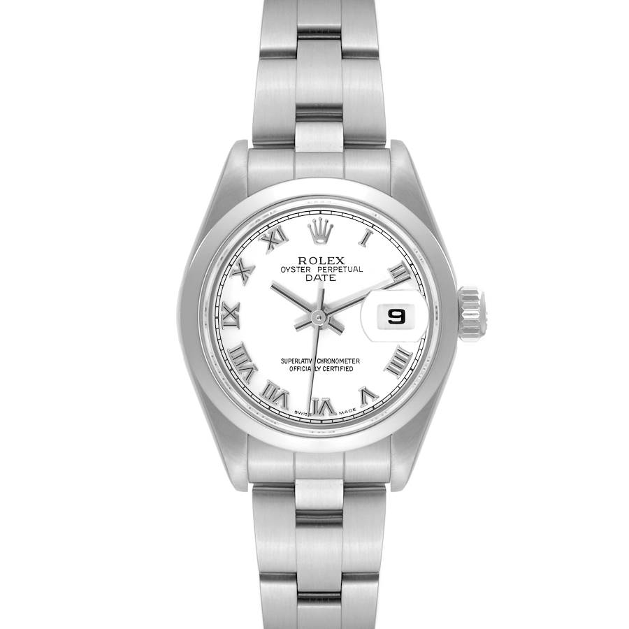The image shows a front view of a Rolex Date 79160 Women's Stainless Steel White Dial 79160 Women's Stainless Steel White Dial model watch, displaying the face, dial, date window, and bracelet.