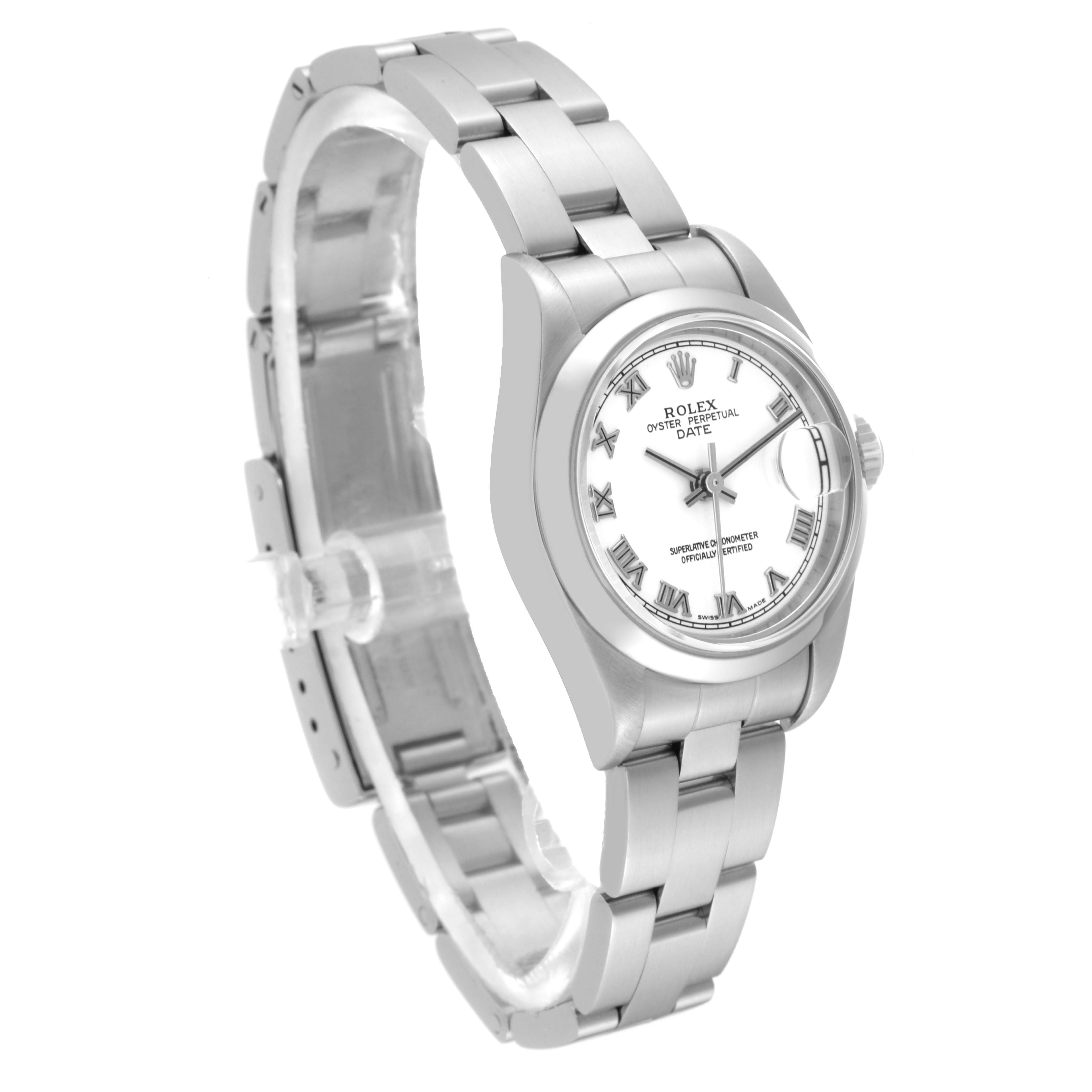 The Rolex Date 79160 Women's Stainless Steel White Dial 79160 Women's Stainless Steel White Dial model watch is shown at a slight angle, displaying the dial, bezel, bracelet, and clasp.