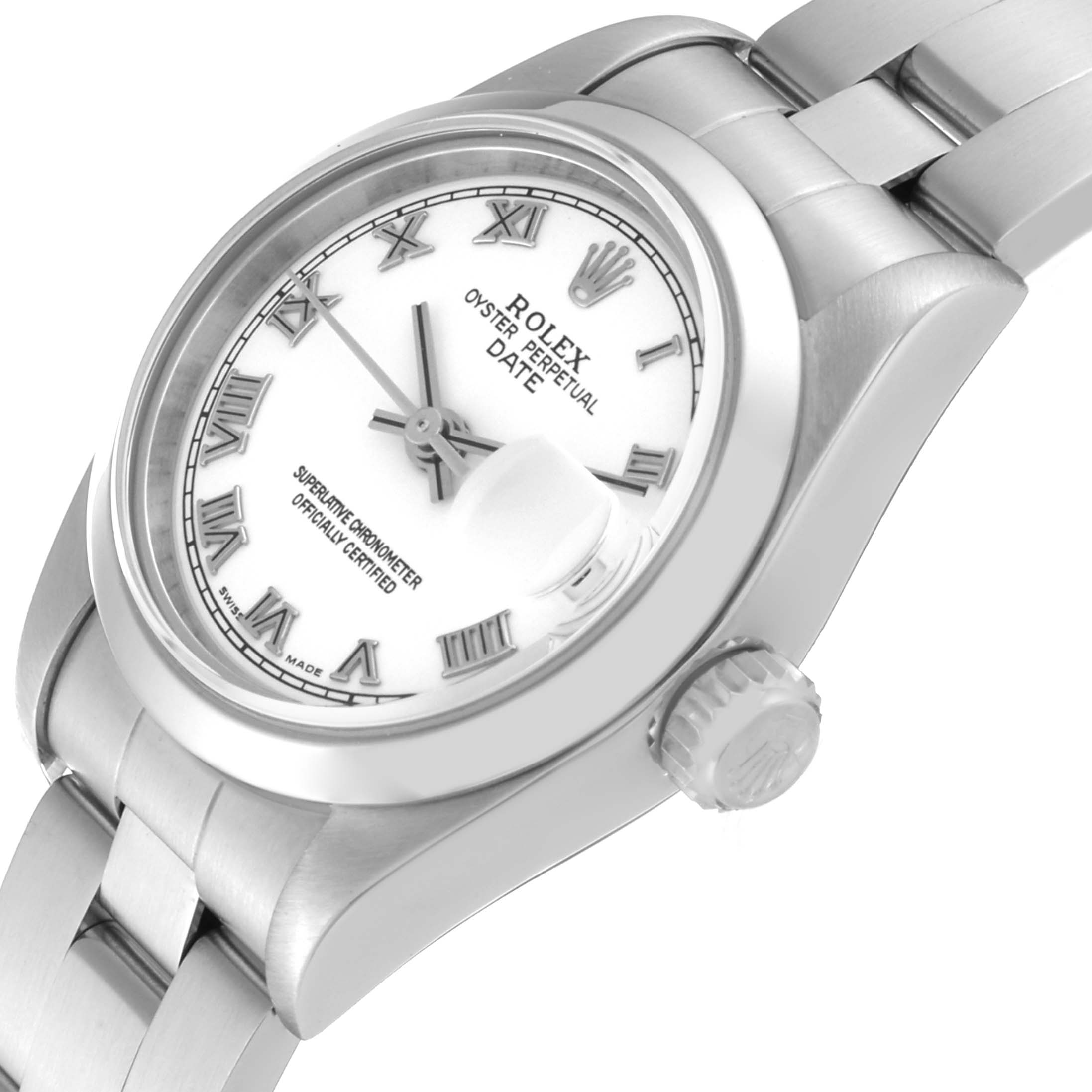 The image shows a close-up of the Rolex Date 79160 Women's Stainless Steel White Dial 79160 Women's Stainless Steel White Dial model watch, highlighting the dial, crown, and a portion of the bracelet.