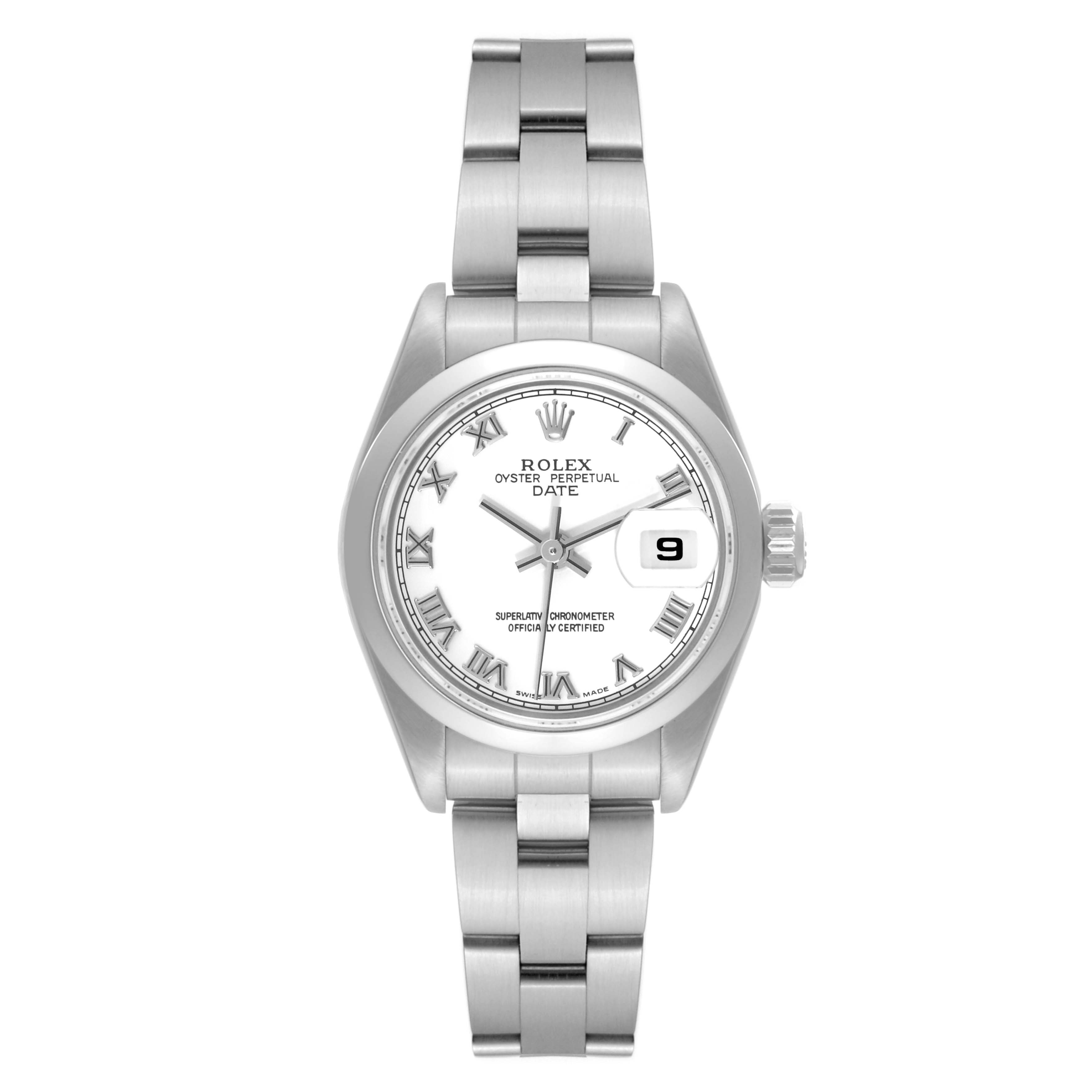 This Rolex Date 79160 Women's Stainless Steel White Dial 79160 Women's Stainless Steel White Dial model watch is shown straight on, displaying the face, dial, crown, and bracelet.