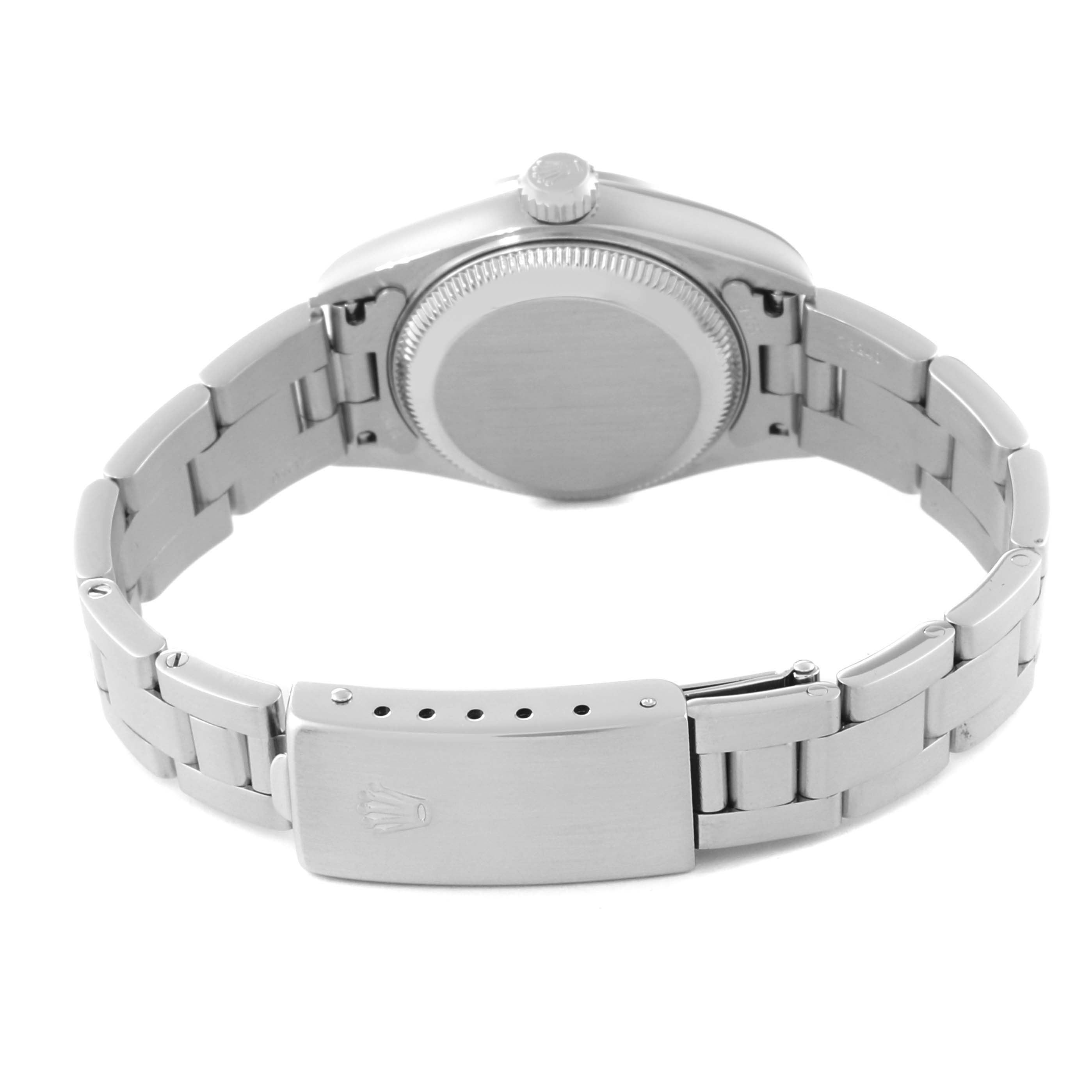 The image shows the back of the Rolex Date 79160 Women's Stainless Steel White Dial 79160 Women's Stainless Steel White Dial model watch, highlighting the case back, crown, and bracelet with clasp.