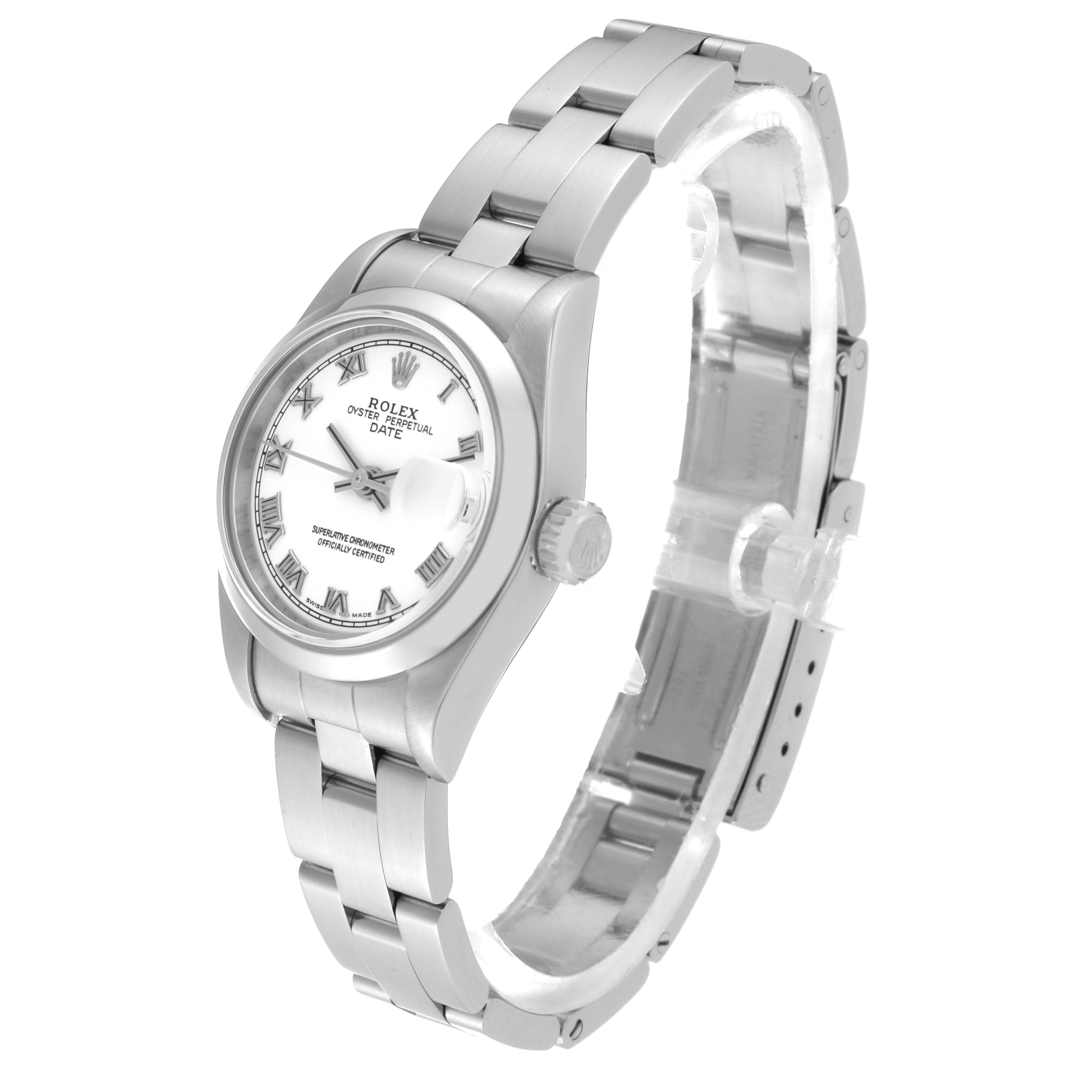 The Rolex Date 79160 Women's Stainless Steel White Dial 79160 Women's Stainless Steel White Dial model watch is shown from a three-quarter angle, displaying the face, crown, and bracelet.