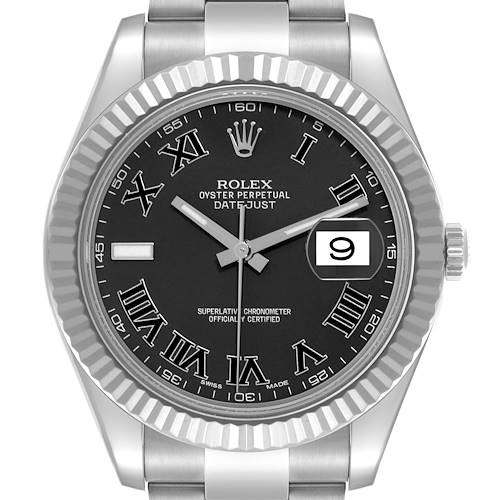 The Rolex Datejust 41 116334 Men's Stainless Steel Grey Dial 116334 Men's Stainless Steel Grey Dial is shown from a front angle, highlighting the dial, crown, and fluted bezel.