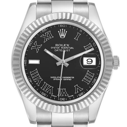 The image shows a Rolex Datejust 41 116334 Men's Stainless Steel Grey Dial 116334 Men's Stainless Steel Grey Dial watch from a front angle, highlighting the black dial, fluted bezel, and date window.
